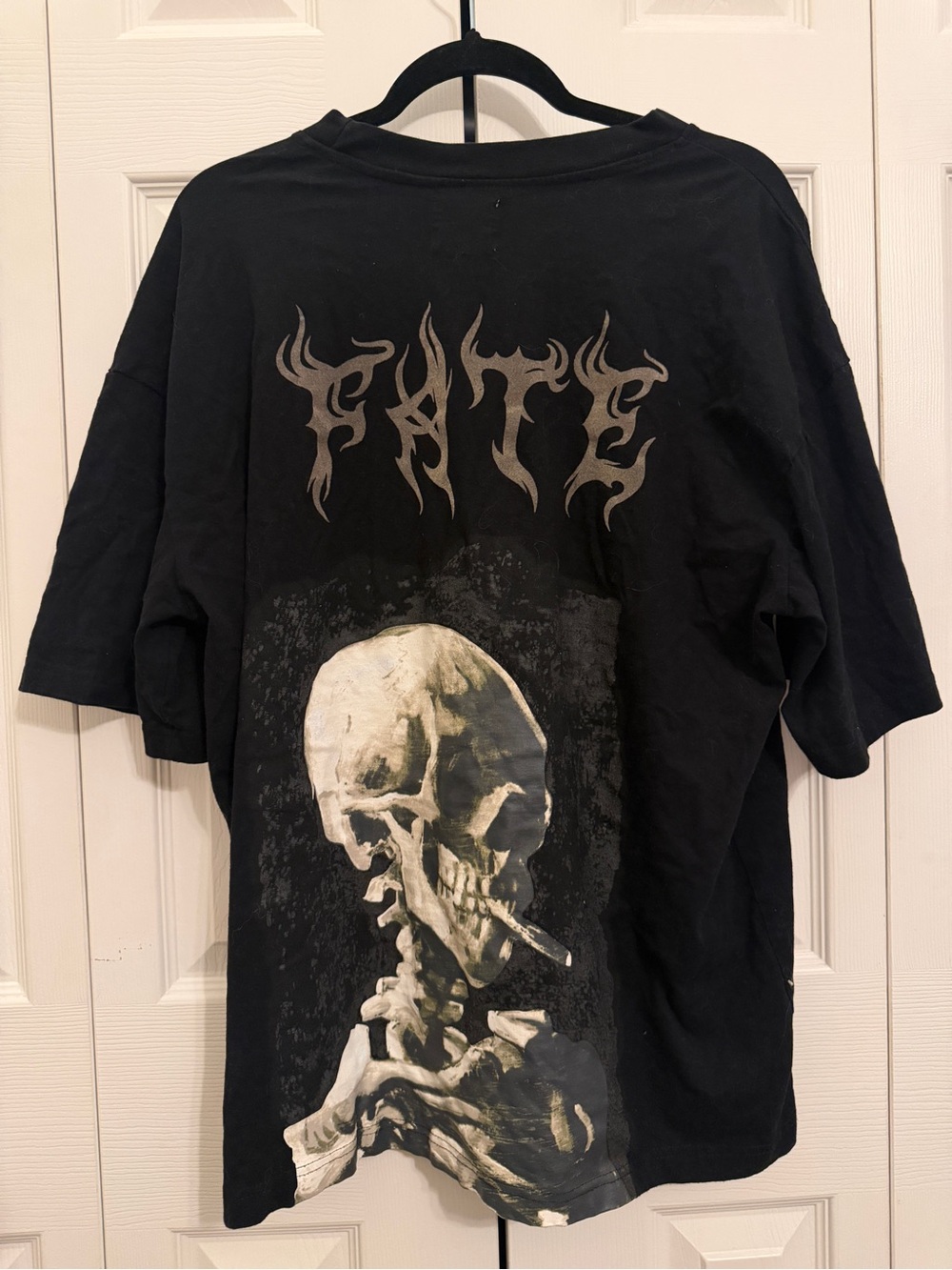 Prime Essentials Black Skull Skeleton Graphic Tee Flocked Gothic Grunge